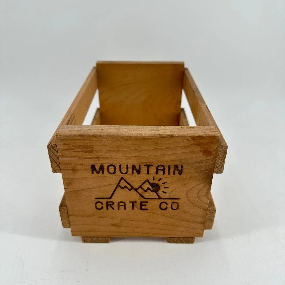 Mountain Crate Co Small Wooden Storage Crate Rustic Brown Mountain Sun Logo